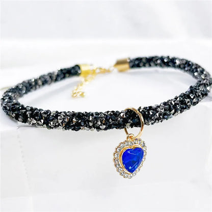 Crystal Cat Collar Heart Gem Pendant\