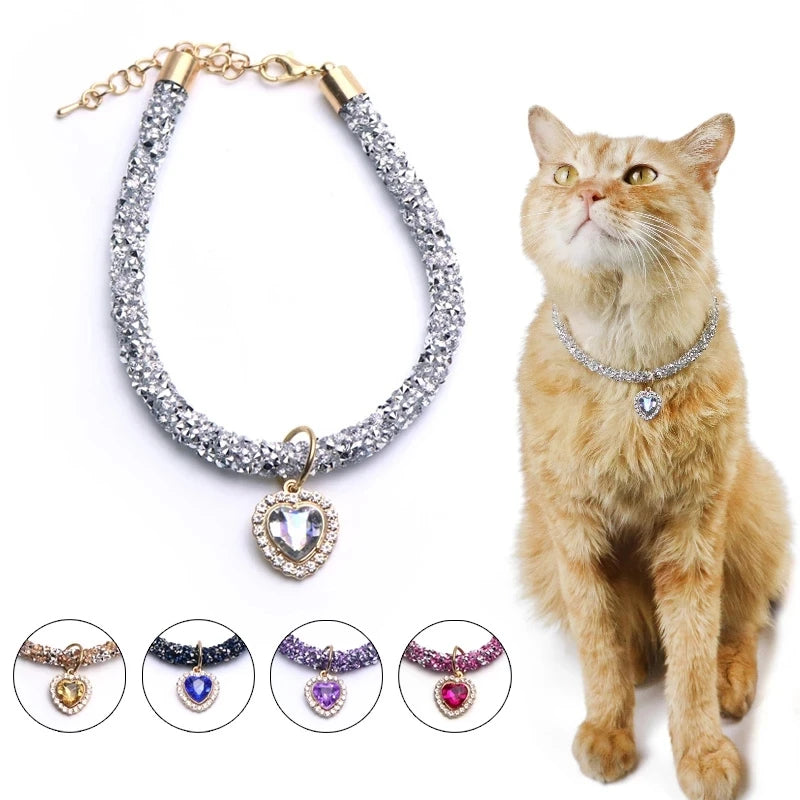 Crystal Cat Collar Heart Gem Pendant\
