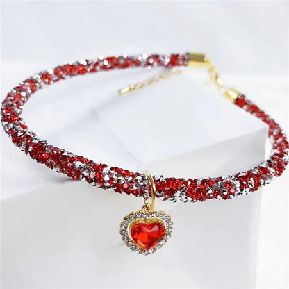 Crystal Cat Collar Heart Gem Pendant\
