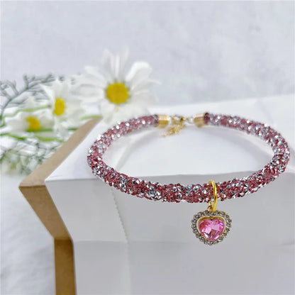 Crystal Cat Collar Heart Gem Pendant\