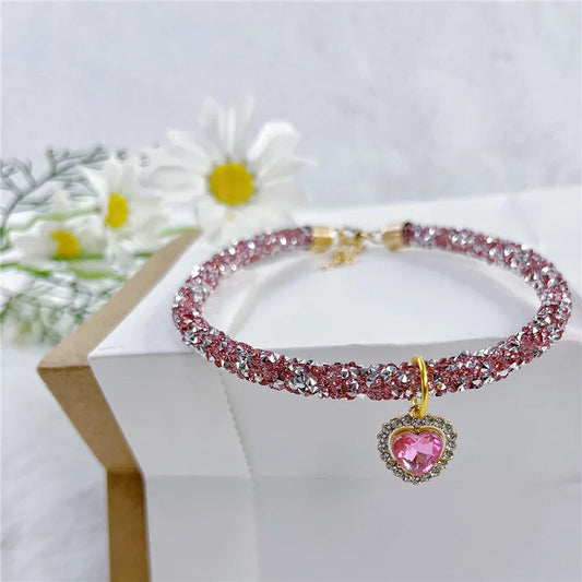Crystal Cat Collar Heart Gem Pendant\